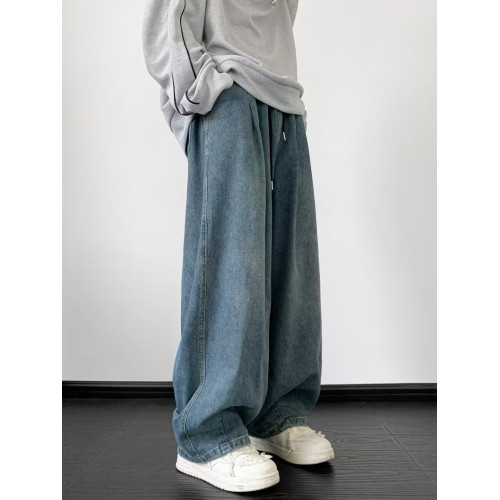 日系復古系繩牛仔褲男潮牌寬松高街濶腿褲男生褲子松緊腰哈倫長褲 日系復古系繩牛仔褲男潮牌寬松高街濶腿褲男生褲子松緊腰哈倫長褲