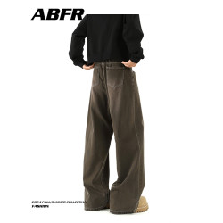 ABFR美式白色牛仔褲男秋季潮牌cleanfit高街復古寬松直筒濶腿褲子