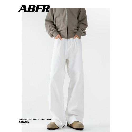 ABFR美式白色牛仔褲男秋季潮牌cleanfit高街復古寬松直筒濶腿褲子