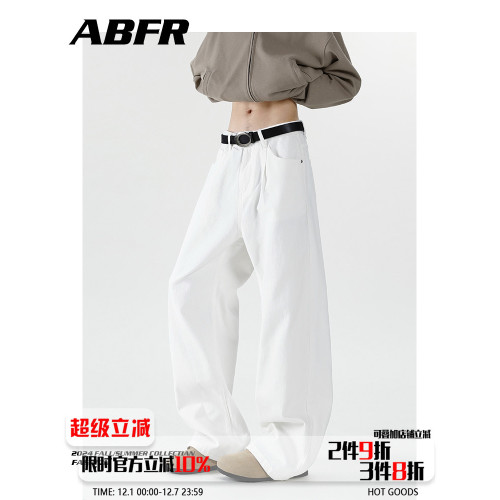 ABFR美式白色牛仔褲男秋季潮牌cleanfit高街復古寬松直筒濶腿褲子