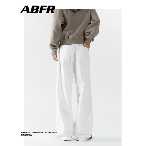 ABFR美式白色牛仔褲男秋季潮牌cleanfit高街復古寬松直筒濶腿褲子
