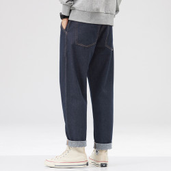 hansca深藍色錐形牛仔褲潮牌復古2025秋冬季美式寬松直筒加絨長褲