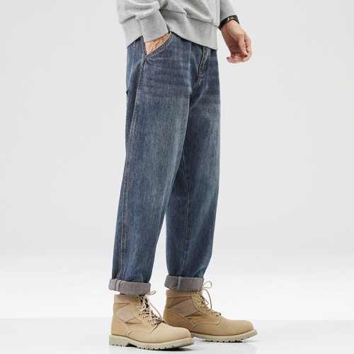 hansca深藍色錐形牛仔褲潮牌復古2025秋冬季美式寬松直筒加絨長褲 hansca深藍色錐形牛仔褲潮牌復古2025秋冬季美式寬松直筒加絨長褲