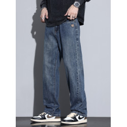 Kuvine秋冬款寬松濶腿加絨牛仔褲男款美式高街復古直筒休閒長褲子