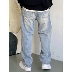 春秋季美式休閒痞帥復古懷舊淺藍色牛仔褲男直筒寬松百搭濶腿褲子