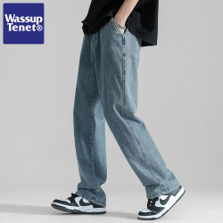 Wassup tenet藍色直筒牛仔褲男士春秋季新款潮流日系休閒濶腿褲子