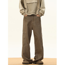 美拉德棕色牛仔褲男秋季潮牌做舊濶腿長褲高街設計感百搭工裝褲子