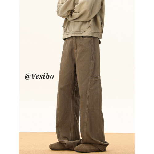 美拉德棕色牛仔褲男秋季潮牌做舊濶腿長褲高街設計感百搭工裝褲子 美拉德棕色牛仔褲男秋季潮牌做舊濶腿長褲高街設計感百搭工裝褲子