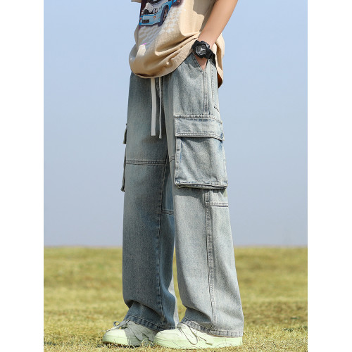 黃泥工裝牛仔褲秋冬季加絨直筒2025新款寬松濶腿多口袋男生褲子男