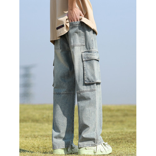 黃泥工裝牛仔褲秋冬季加絨直筒2025新款寬松濶腿多口袋男生褲子男