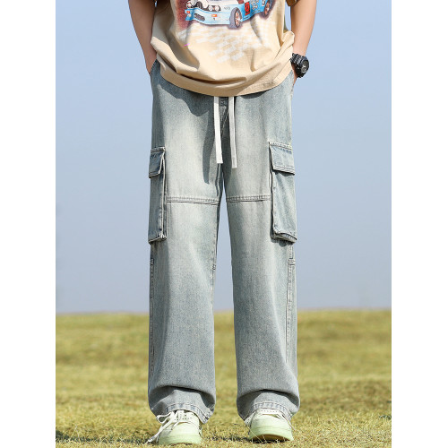 黃泥工裝牛仔褲秋冬季加絨直筒2025新款寬松濶腿多口袋男生褲子男