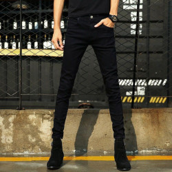 雪花灰彈力褲子男韓版百搭緊身小腳休閒褲春秋季純黑色牛仔長褲男