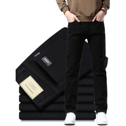 純棉牛仔褲男直筒寬松大碼商務彈力秋冬款休閒高級長褲子加絨加厚