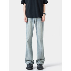 美式黃泥染牛仔褲男春季潮牌vibe加長版做舊直筒長褲彎刀微喇褲子