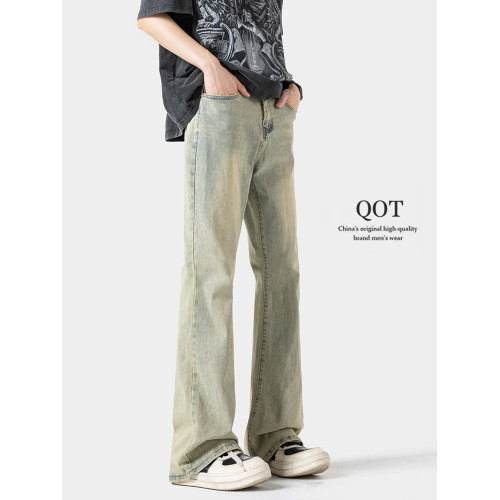 美式黃泥染牛仔褲男春季潮牌vibe加長版做舊直筒長褲彎刀微喇褲子 美式黃泥染牛仔褲男春季潮牌vibe加長版做舊直筒長褲彎刀微喇褲子