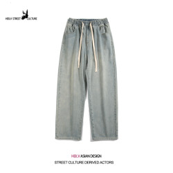 黑驢街頭日系復古水洗做舊牛仔褲男秋季潮牌寬松濶腿休閒直筒長褲