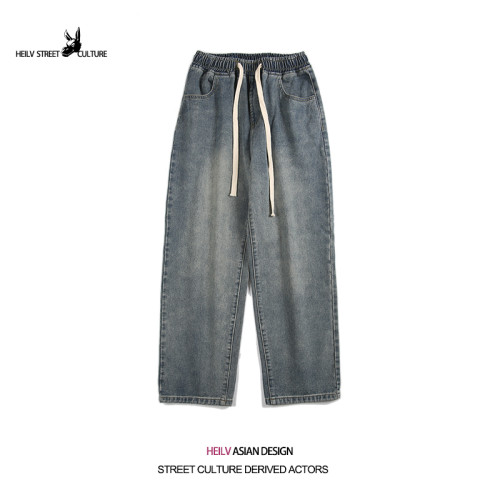 黑驢街頭日系復古水洗做舊牛仔褲男秋季潮牌寬松濶腿休閒直筒長褲 黑驢街頭日系復古水洗做舊牛仔褲男秋季潮牌寬松濶腿休閒直筒長褲