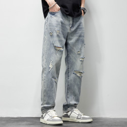 破洞牛仔褲男2025新款春夏季水洗褲子男寬松直筒休閒百搭乞丐長褲