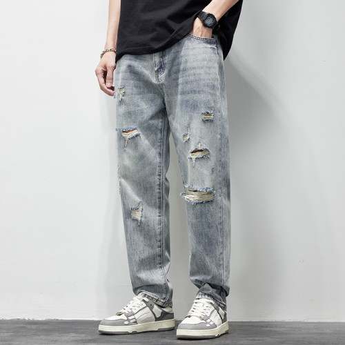 破洞牛仔褲男2025新款春夏季水洗褲子男寬松直筒休閒百搭乞丐長褲 破洞牛仔褲男2025新款春夏季水洗褲子男寬松直筒休閒百搭乞丐長褲
