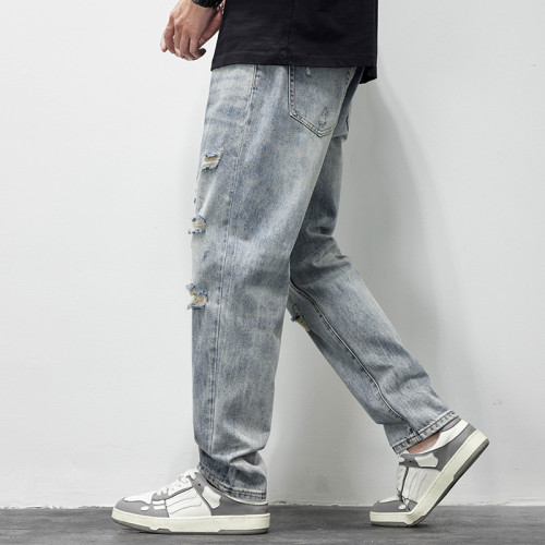 破洞牛仔褲男2025新款春夏季水洗褲子男寬松直筒休閒百搭乞丐長褲 破洞牛仔褲男2025新款春夏季水洗褲子男寬松直筒休閒百搭乞丐長褲