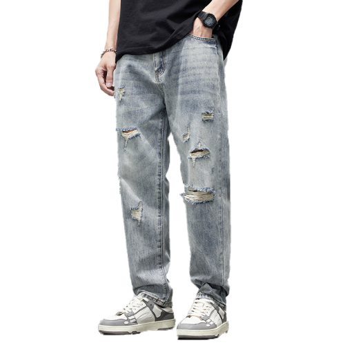 破洞牛仔褲男2025新款春夏季水洗褲子男寬松直筒休閒百搭乞丐長褲 破洞牛仔褲男2025新款春夏季水洗褲子男寬松直筒休閒百搭乞丐長褲
