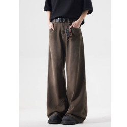 美式水洗vintage棕色牛仔褲男士秋季寬松百搭直筒垂墜感濶腿長褲