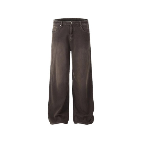 美式水洗vintage棕色牛仔褲男士秋季寬松百搭直筒垂墜感濶腿長褲