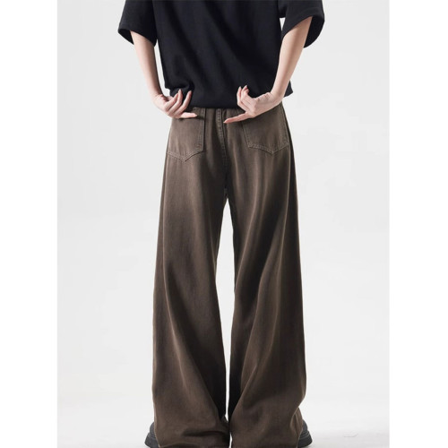 美式水洗vintage棕色牛仔褲男士秋季寬松百搭直筒垂墜感濶腿長褲