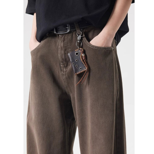 美式水洗vintage棕色牛仔褲男士秋季寬松百搭直筒垂墜感濶腿長褲