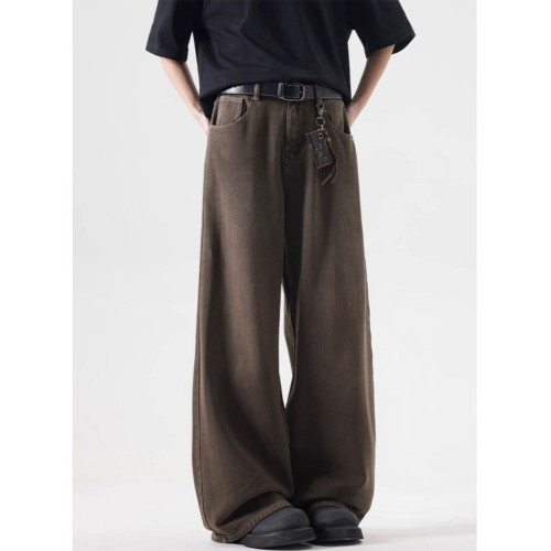 美式水洗vintage棕色牛仔褲男士秋季寬松百搭直筒垂墜感濶腿長褲