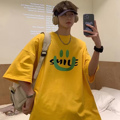 加肥加大碼短袖男t恤2025夏季港風寬松五分袖純棉圓領印花半袖潮