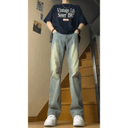 復古藍彈力牛仔褲男款2025新款春秋美式高街褲子直筒褲痞帥微喇褲
