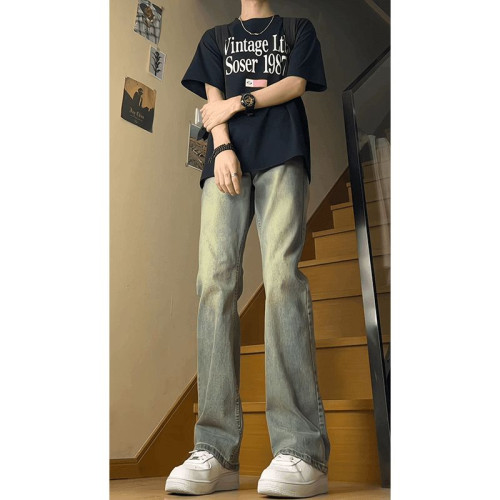 復古藍彈力牛仔褲男款2025新款春秋美式高街褲子直筒褲痞帥微喇褲 復古藍彈力牛仔褲男款2025新款春秋美式高街褲子直筒褲痞帥微喇褲
