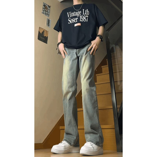 復古藍彈力牛仔褲男款2025新款春秋美式高街褲子直筒褲痞帥微喇褲 復古藍彈力牛仔褲男款2025新款春秋美式高街褲子直筒褲痞帥微喇褲