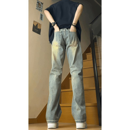 復古藍彈力牛仔褲男款2025新款春秋美式高街褲子直筒褲痞帥微喇褲 復古藍彈力牛仔褲男款2025新款春秋美式高街褲子直筒褲痞帥微喇褲
