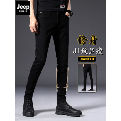 JEEP SPIRIT純黑牛仔褲男士休閒褲2025秋冬加絨修身小腳長褲子男