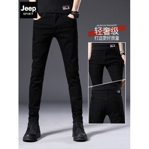 JEEP SPIRIT純黑牛仔褲男士休閒褲2025秋冬加絨修身小腳長褲子男