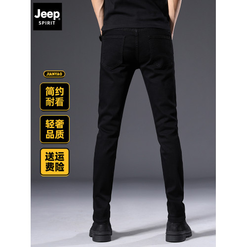 JEEP SPIRIT純黑牛仔褲男士休閒褲2025秋冬加絨修身小腳長褲子男
