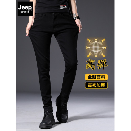 JEEP SPIRIT純黑牛仔褲男士休閒褲2025秋冬加絨修身小腳長褲子男