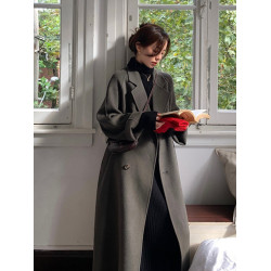 灰色雙面羊絨大衣女中長款2025秋冬新款高級加厚羽絨內膽毛呢外套