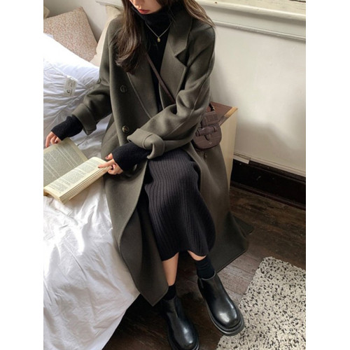 灰色雙面羊絨大衣女中長款2025秋冬新款高級加厚羽絨內膽毛呢外套