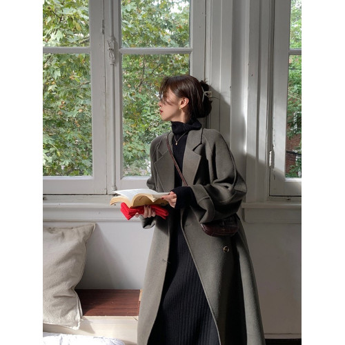 灰色雙面羊絨大衣女中長款2025秋冬新款高級加厚羽絨內膽毛呢外套