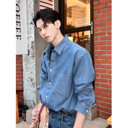 高級感水洗牛仔襯衫男士長袖韓版chic早春外套休閒寬松雅痞襯衣潮