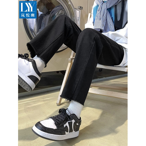 2025學生黑色牛仔褲男毛邊直筒九分褲休閒百搭修身潮牌秋季褲子男 2025學生黑色牛仔褲男毛邊直筒九分褲休閒百搭修身潮牌秋季褲子男