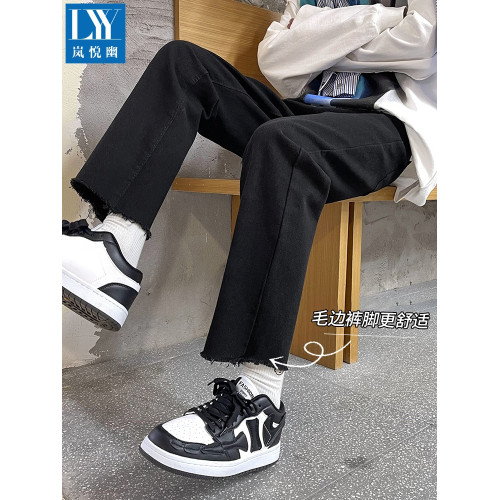 2025學生黑色牛仔褲男毛邊直筒九分褲休閒百搭修身潮牌秋季褲子男 2025學生黑色牛仔褲男毛邊直筒九分褲休閒百搭修身潮牌秋季褲子男