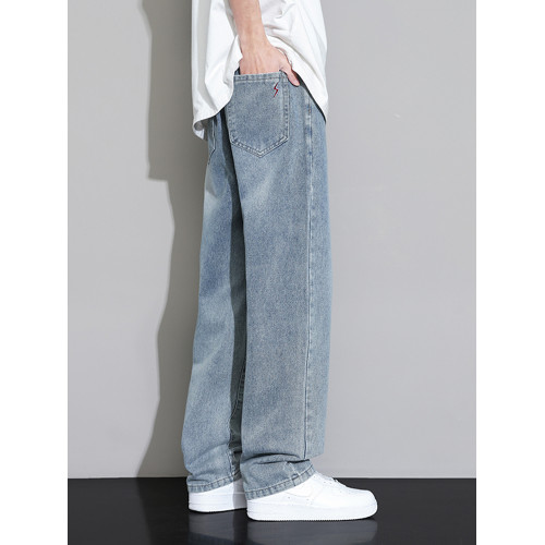 美式牛仔褲男秋冬季寬松直筒褲子男復古水洗長褲加絨加厚濶腿褲男