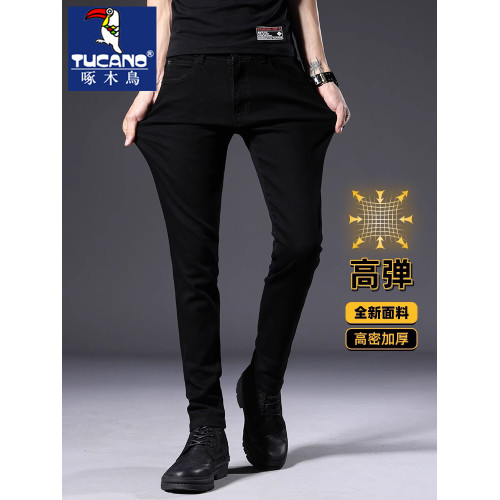 啄木鳥秋冬加絨褲子男士韓版彈力修身小腳秋冬款潮牌黑色牛仔褲男