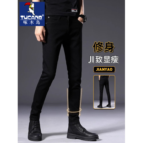 啄木鳥秋冬加絨褲子男士韓版彈力修身小腳秋冬款潮牌黑色牛仔褲男