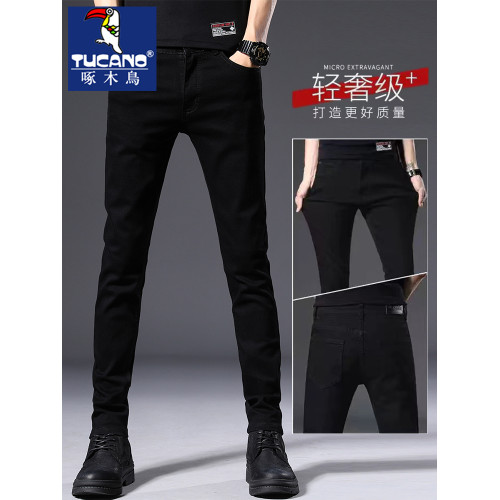 啄木鳥秋冬加絨褲子男士韓版彈力修身小腳秋冬款潮牌黑色牛仔褲男