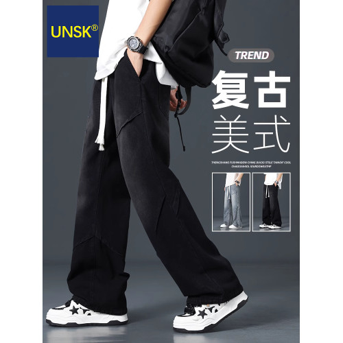 潮牌牛仔褲男士春秋冬季加絨加厚2025新款美式濶腿寬松直筒長褲子 潮牌牛仔褲男士春秋冬季加絨加厚2025新款美式濶腿寬松直筒長褲子